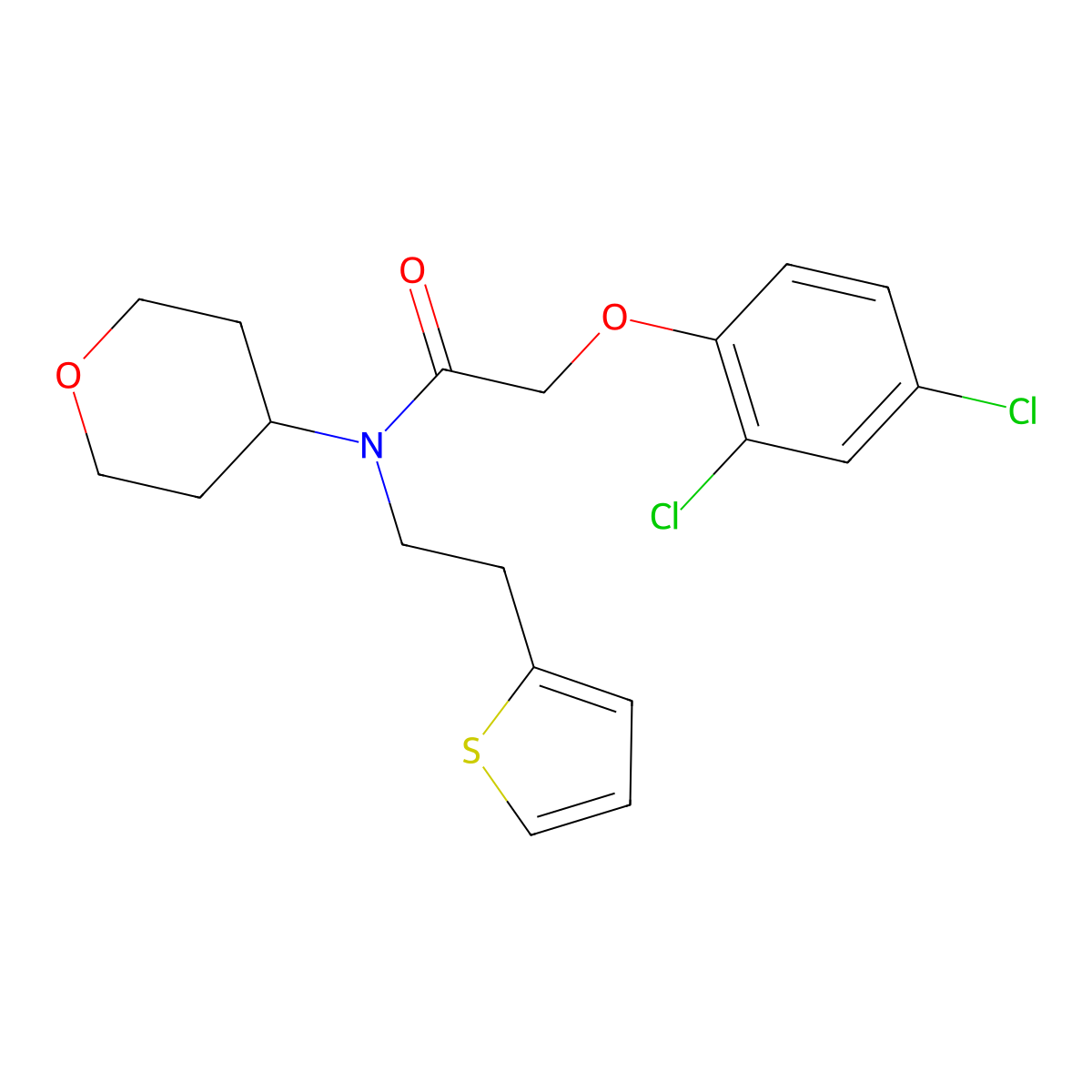 2-(2,4-dichlorophenoxy)-N-(tetrahydro-2H-pyran-4-yl)-N-(2-(thiophen-2-yl)ethyl)acetamide molecular structure, CAS 1795442-11-3