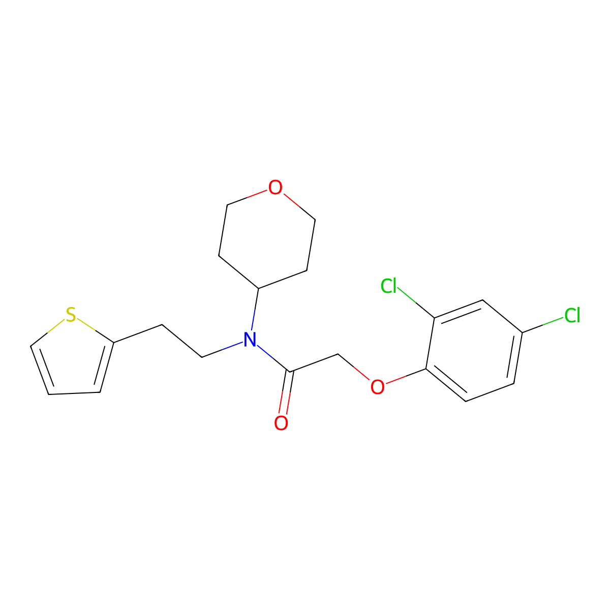 2-(2,4-dichlorophenoxy)-N-(tetrahydro-2H-pyran-4-yl)-N-(2-(thiophen-2-yl)ethyl)acetamide molecular structure, CAS 1795442-11-3