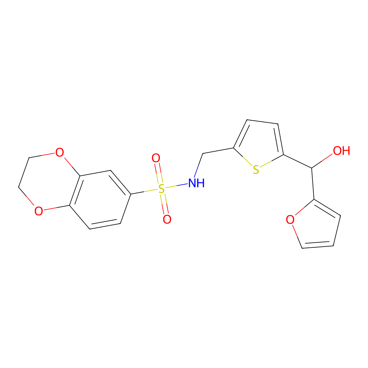 N-((5-(furan-2-yl(hydroxy)methyl)thiophen-2-yl)methyl)-2,3-dihydrobenzo[b][1,4]dioxine-6-sulfonamide molecular structure, CAS 1795442-22-6