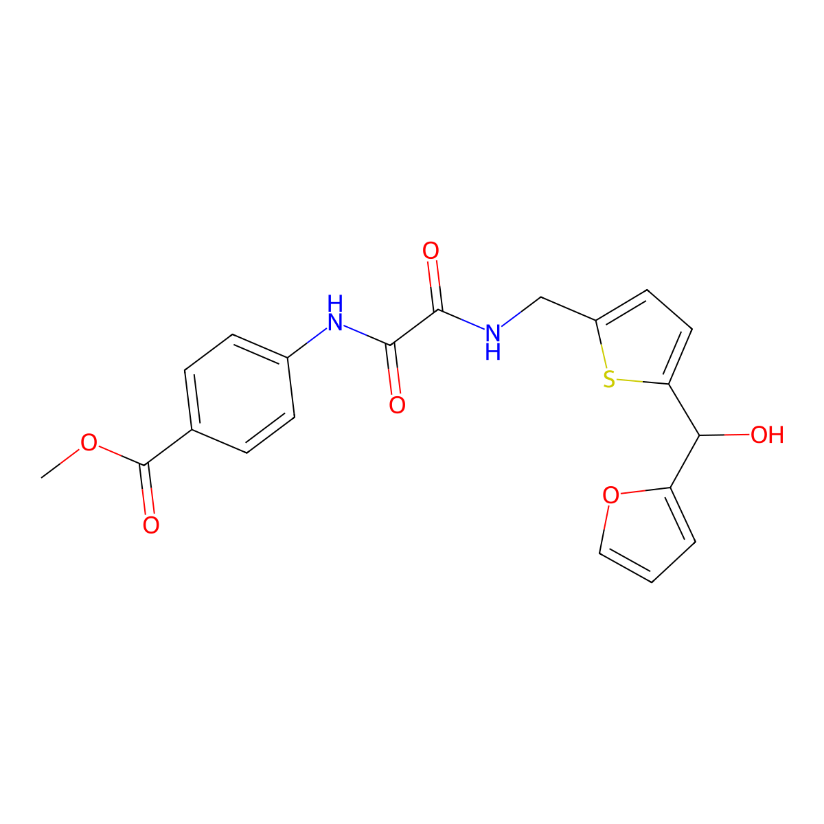 Methyl 4-(2-(((5-(furan-2-yl(hydroxy)methyl)thiophen-2-yl)methyl)amino)-2-oxoacetamido)benzoate molecular structure, CAS 1795442-28-2