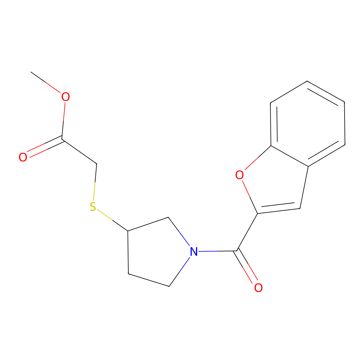 Methyl 2-((1-(benzofuran-2-carbonyl)pyrrolidin-3-yl)thio)acetate molecular structure, CAS 1795442-50-0