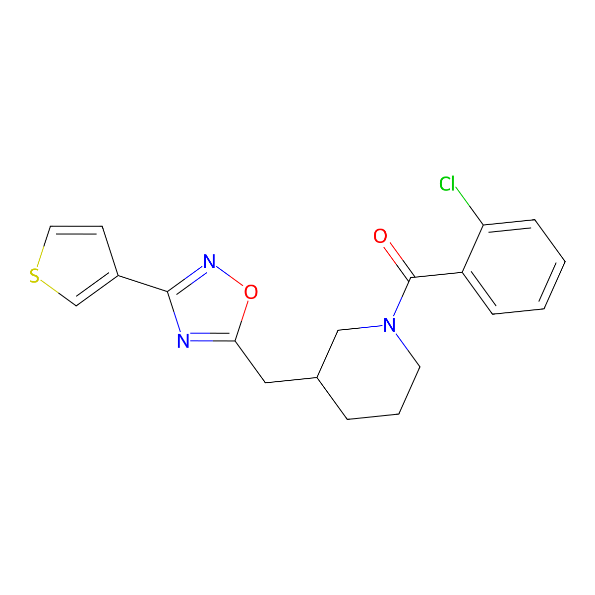 (2-Chlorophenyl)(3-((3-(thiophen-3-yl)-1,2,4-oxadiazol-5-yl)methyl)piperidin-1-yl)methanone molecular structure, CAS 1795442-62-4