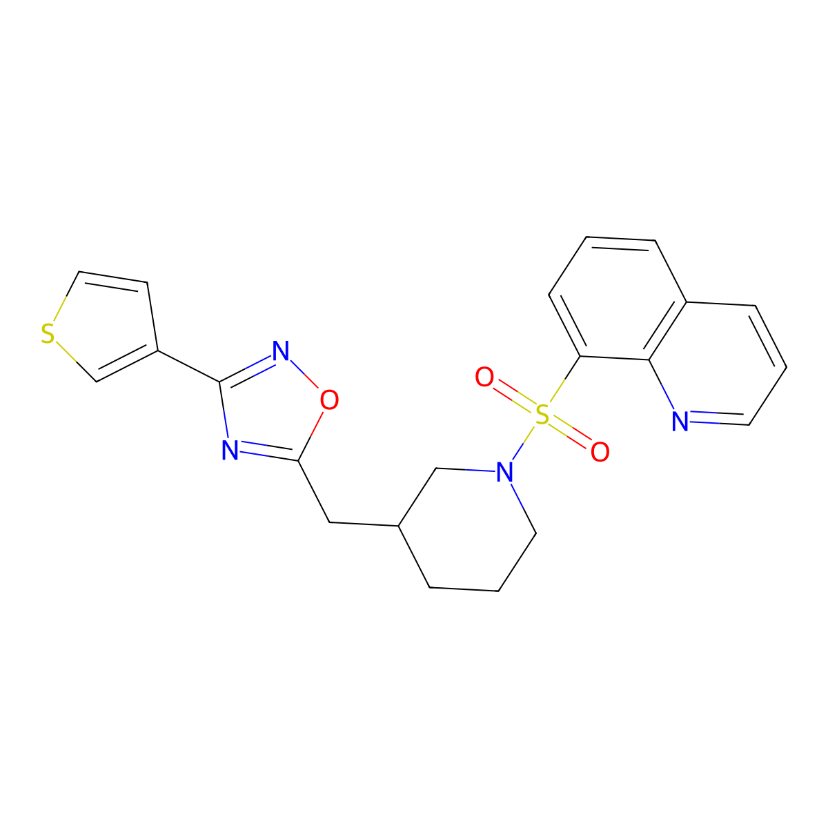 5-((1-(Quinolin-8-ylsulfonyl)piperidin-3-yl)methyl)-3-(thiophen-3-yl)-1,2,4-oxadiazole molecular structure, CAS 1795442-71-5