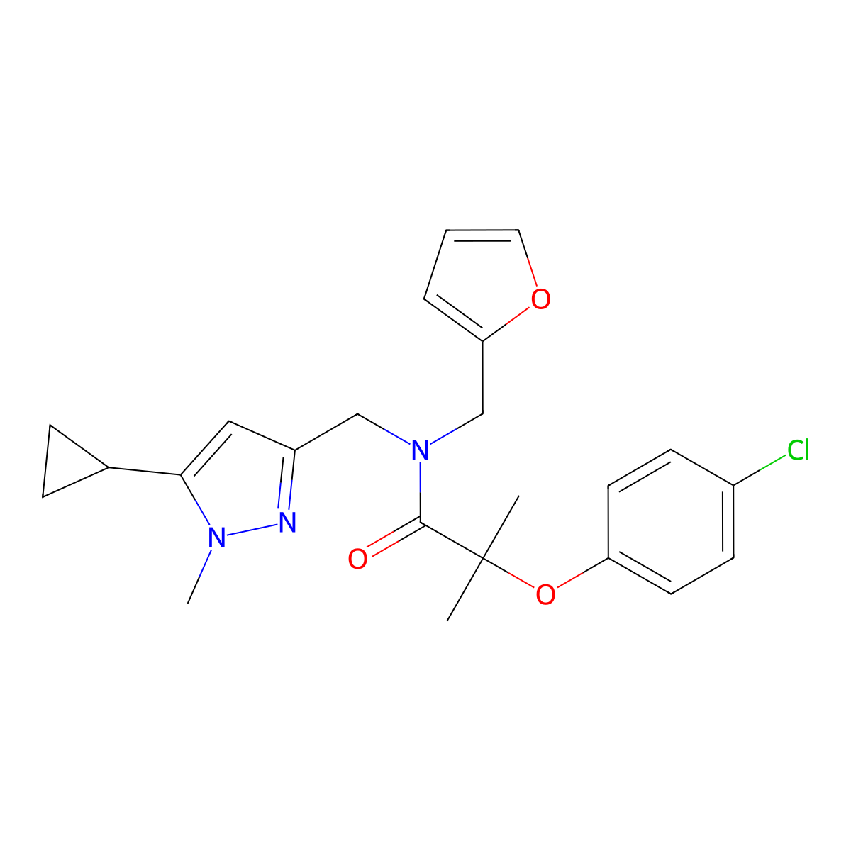 2-(4-chlorophenoxy)-N-((5-cyclopropyl-1-methyl-1H-pyrazol-3-yl)methyl)-N-(furan-2-ylmethyl)-2-methylpropanamide molecular structure, CAS 1795442-81-7