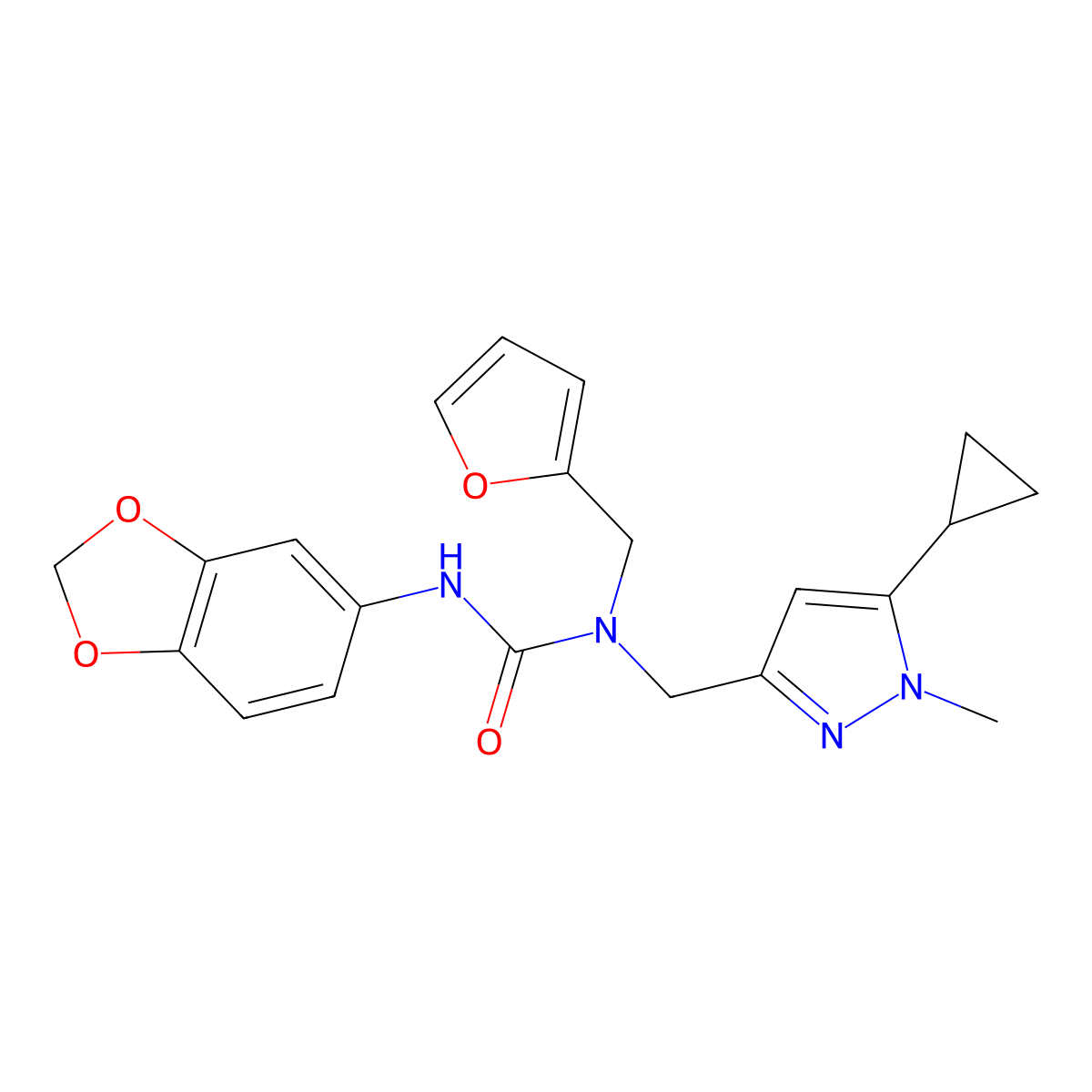 3-(benzo[d][1,3]dioxol-5-yl)-1-((5-cyclopropyl-1-methyl-1H-pyrazol-3-yl)methyl)-1-(furan-2-ylmethyl)urea molecular structure, CAS 1795442-84-0