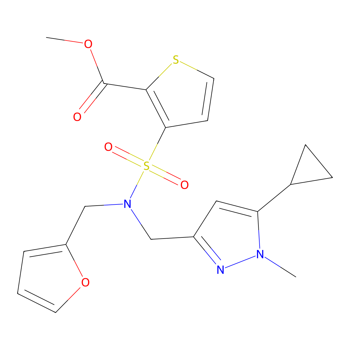 methyl 3-(N-((5-cyclopropyl-1-methyl-1H-pyrazol-3-yl)methyl)-N-(furan-2-ylmethyl)sulfamoyl)thiophene-2-carboxylate molecular structure, CAS 1795442-87-3