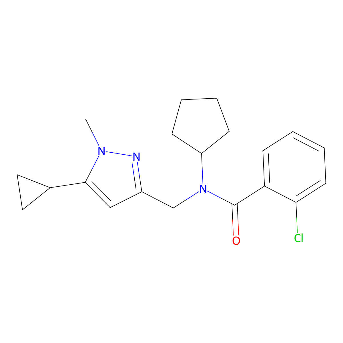 2-chloro-N-cyclopentyl-N-[(5-cyclopropyl-1-methyl-1H-pyrazol-3-yl)methyl]benzamide molecular structure, CAS 1795442-91-9