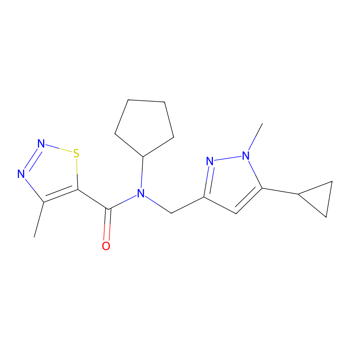 N-cyclopentyl-N-[(5-cyclopropyl-1-methyl-1H-pyrazol-3-yl)methyl]-4-methyl-1,2,3-thiadiazole-5-carboxamide molecular structure, CAS 1795442-97-5