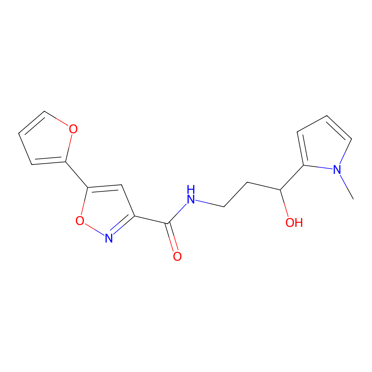 5-(furan-2-yl)-N-(3-hydroxy-3-(1-methyl-1H-pyrrol-2-yl)propyl)isoxazole-3-carboxamide molecular structure, CAS 1795443-22-9