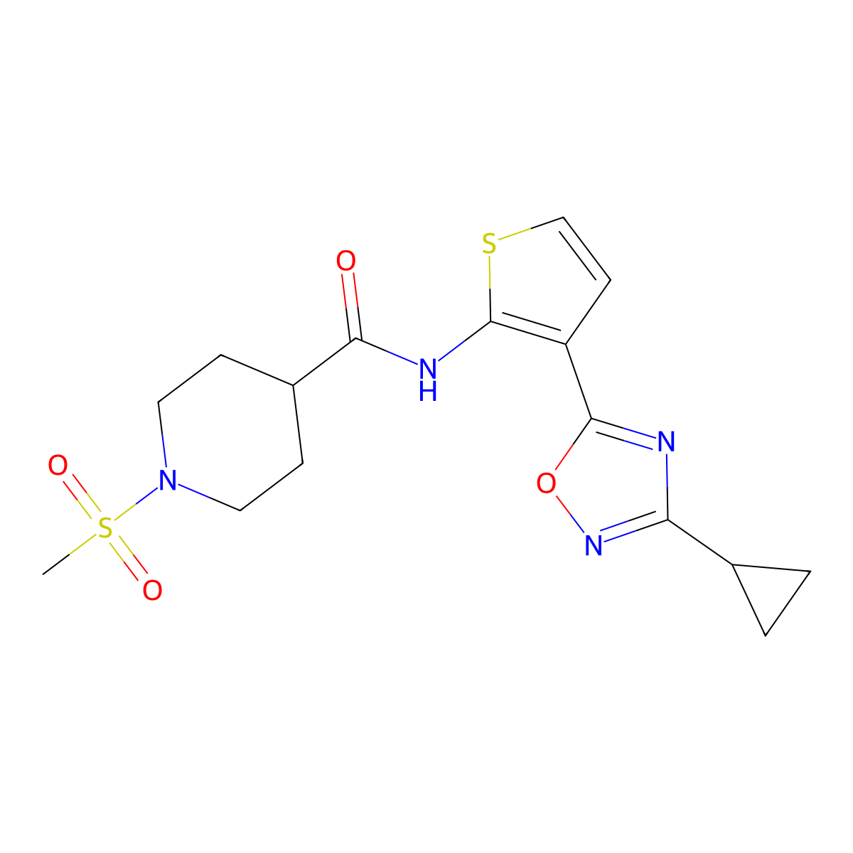 N-(3-(3-cyclopropyl-1,2,4-oxadiazol-5-yl)thiophen-2-yl)-1-(methylsulfonyl)piperidine-4-carboxamide molecular structure, CAS 1795443-34-3