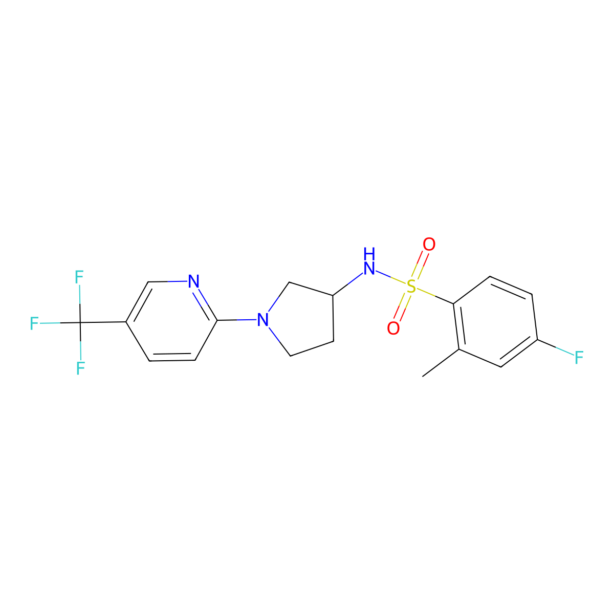 4-fluoro-2-methyl-N-(1-(5-(trifluoromethyl)pyridin-2-yl)pyrrolidin-3-yl)benzenesulfonamide molecular structure, CAS 1795443-57-0