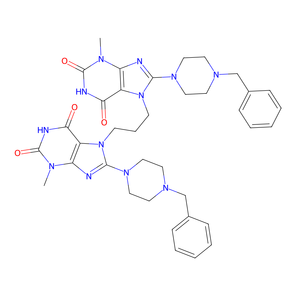 8-(4-benzylpiperazin-1-yl)-7-{3-[8-(4-benzylpiperazin-1-yl)-3-methyl-2,6-dioxo-2,3,6,7-tetrahydro-1H-purin-7-yl]propyl}-3-methyl-2,3,6,7-tetrahydro-1H-purine-2,6-dione molecular structure, CAS 1795443-63-8