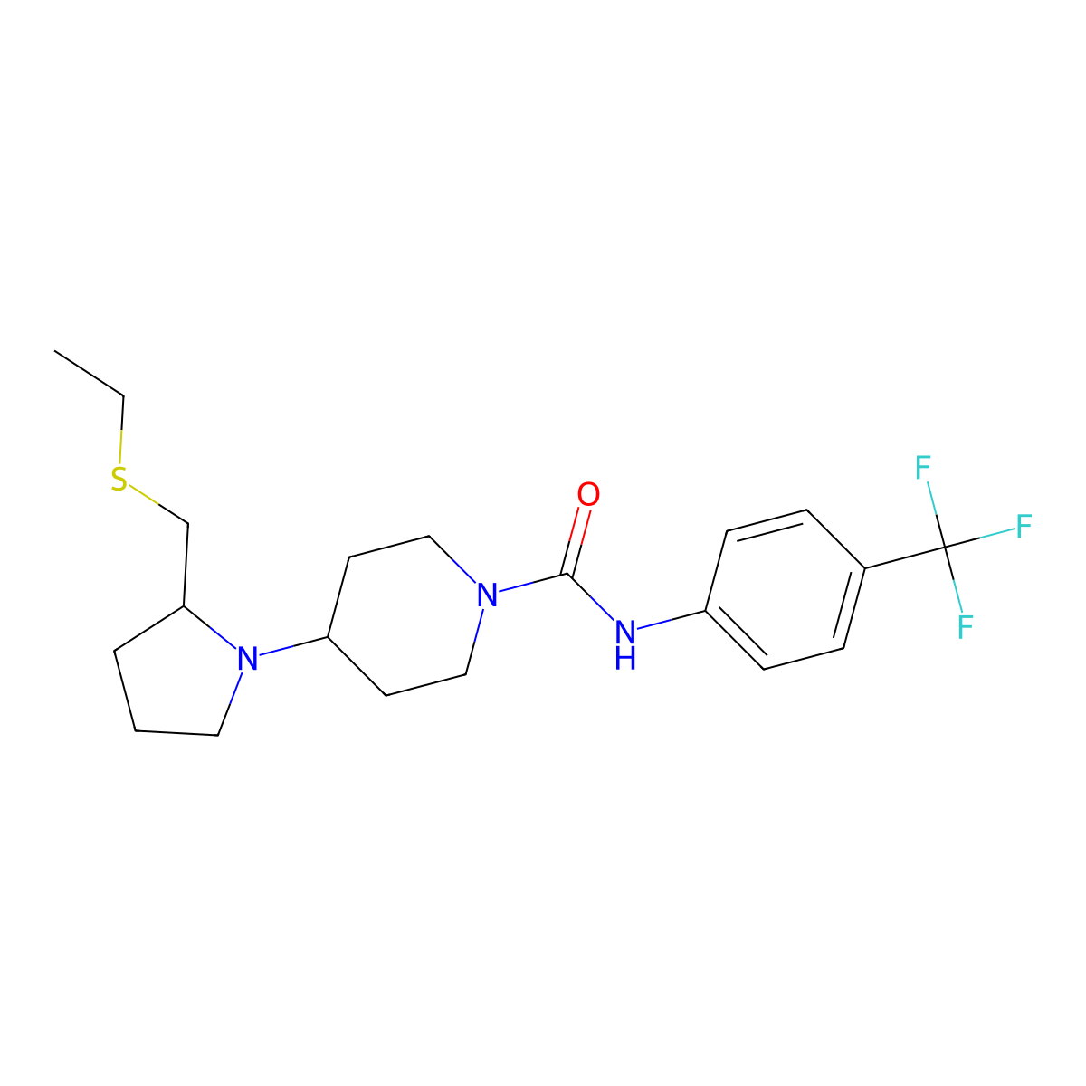 4-(2-((ethylthio)methyl)pyrrolidin-1-yl)-N-(4-(trifluoromethyl)phenyl)piperidine-1-carboxamide molecular structure, CAS 1795443-65-0