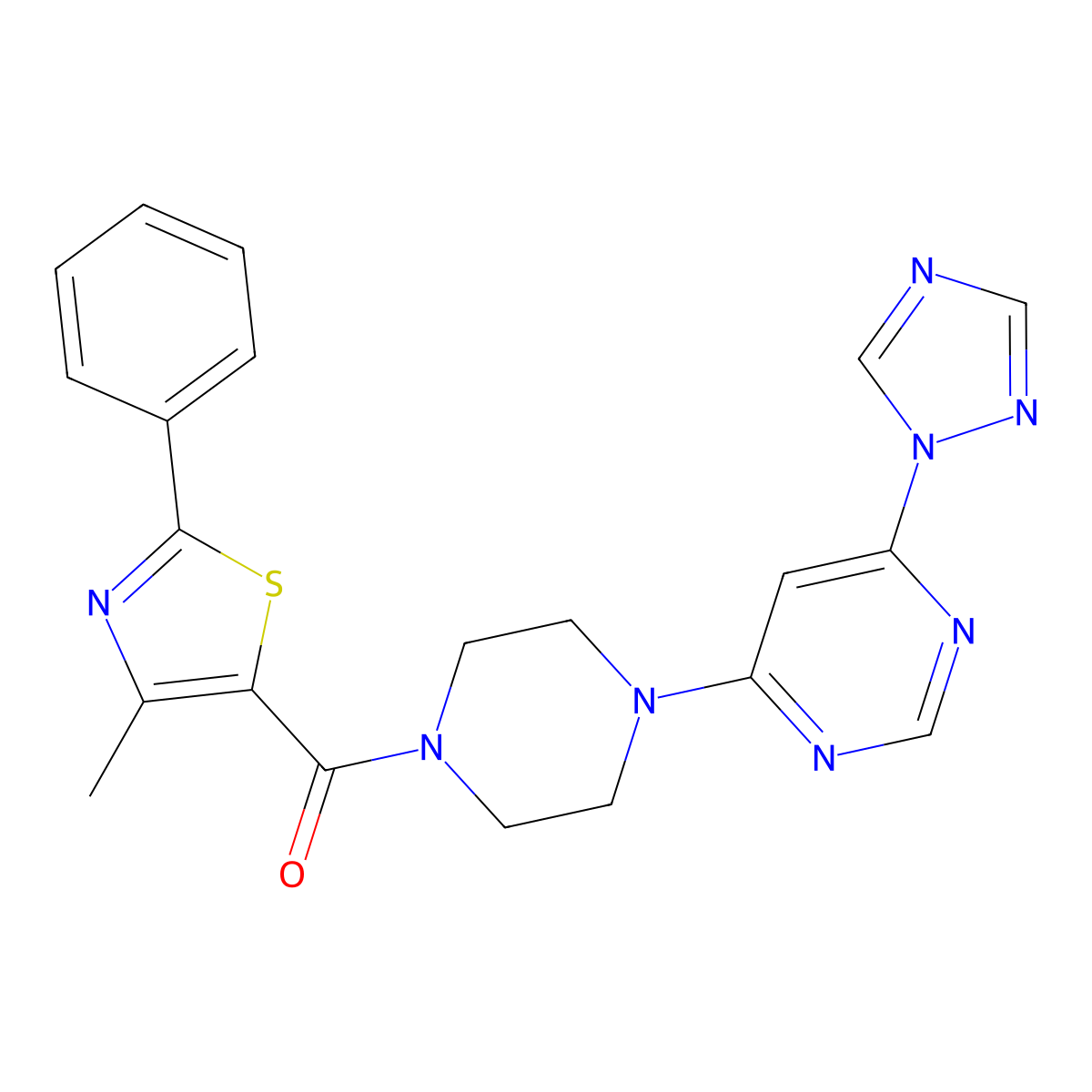 (4-(6-(1H-1,2,4-triazol-1-yl)pyrimidin-4-yl)piperazin-1-yl)(4-methyl-2-phenylthiazol-5-yl)methanone molecular structure, CAS 1795443-71-8