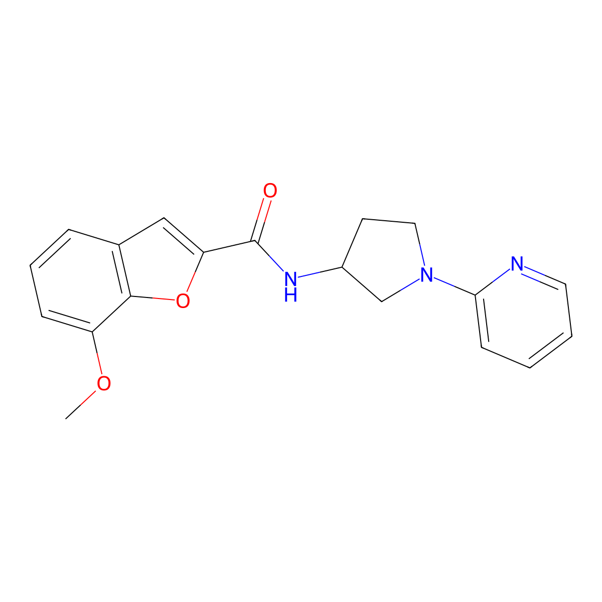 7-methoxy-N-(1-(pyridin-2-yl)pyrrolidin-3-yl)benzofuran-2-carboxamide molecular structure, CAS 1795443-72-9