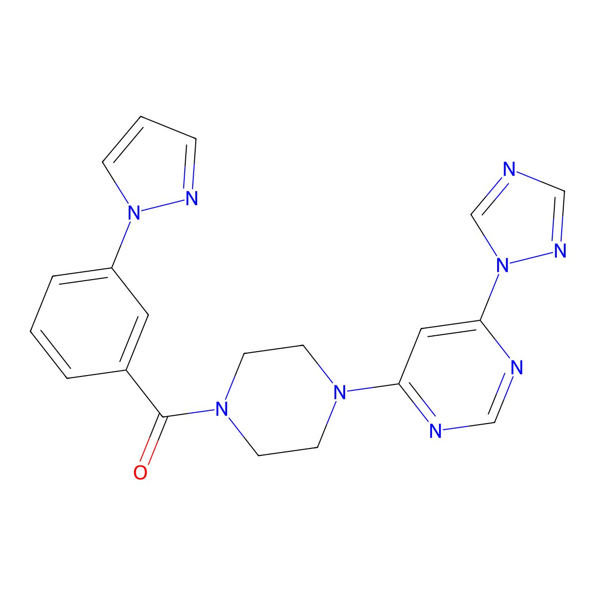 (4-(6-(1H-1,2,4-triazol-1-yl)pyrimidin-4-yl)piperazin-1-yl)(3-(1H-pyrazol-1-yl)phenyl)methanone molecular structure, CAS 1795443-74-1
