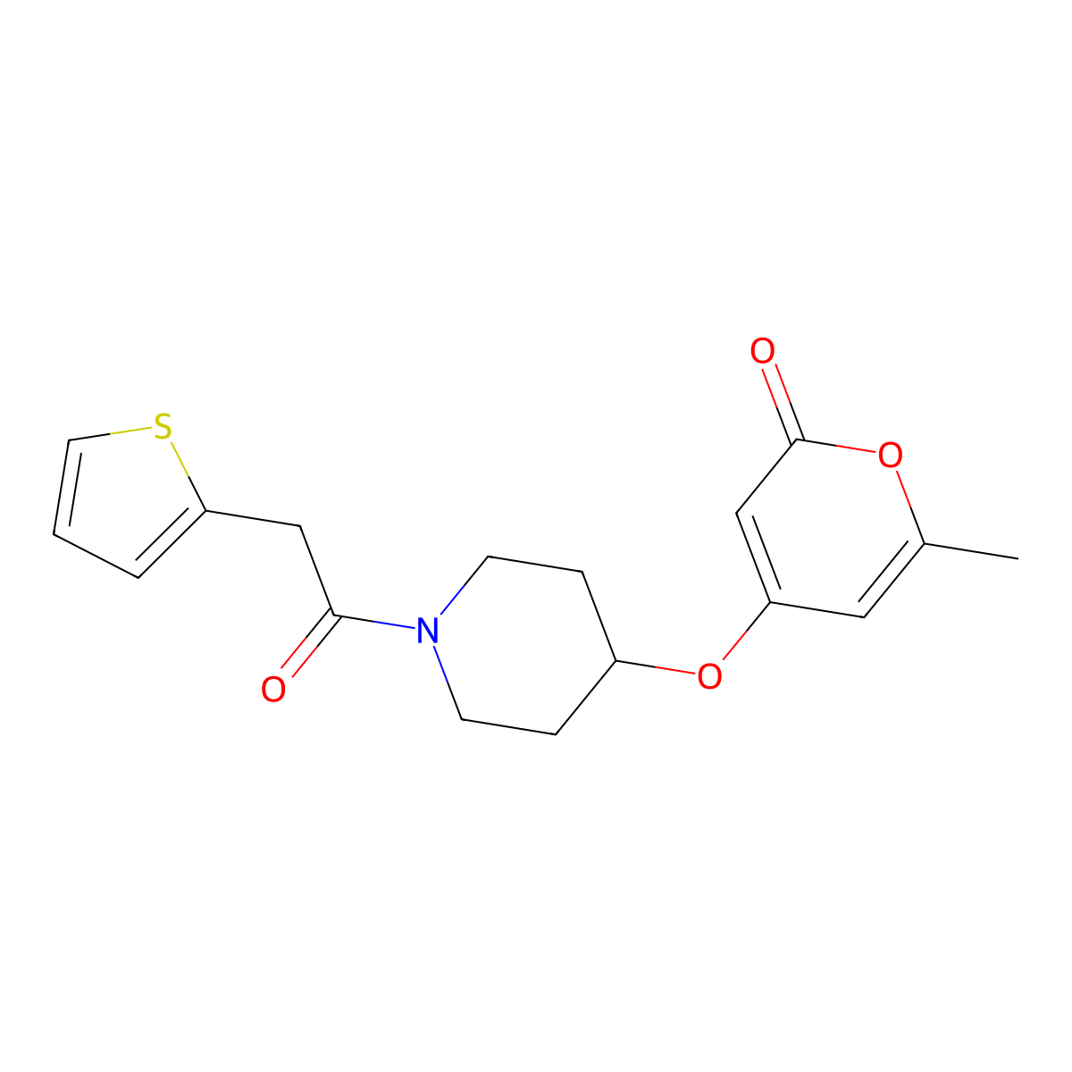 6-methyl-4-({1-[2-(thiophen-2-yl)acetyl]piperidin-4-yl}oxy)-2H-pyran-2-one molecular structure, CAS 1795448-18-8