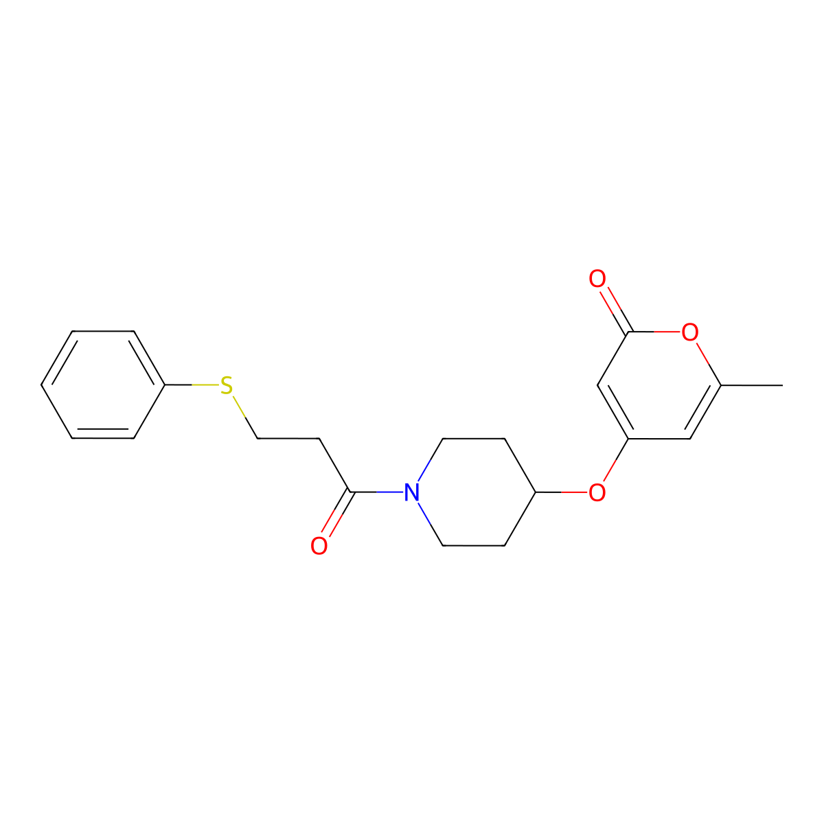 6-methyl-4-((1-(3-(phenylthio)propanoyl)piperidin-4-yl)oxy)-2H-pyran-2-one molecular structure, CAS 1795448-47-3