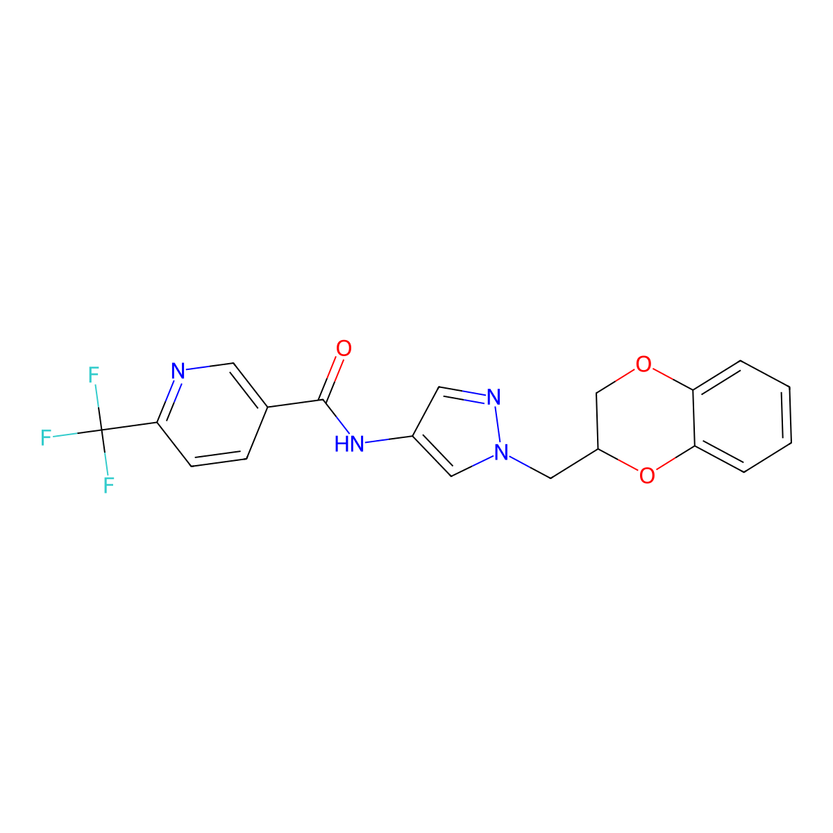 N-(1-((2,3-dihydrobenzo[b][1,4]dioxin-2-yl)methyl)-1H-pyrazol-4-yl)-6-(trifluoromethyl)nicotinamide molecular structure, CAS 1795455-04-7