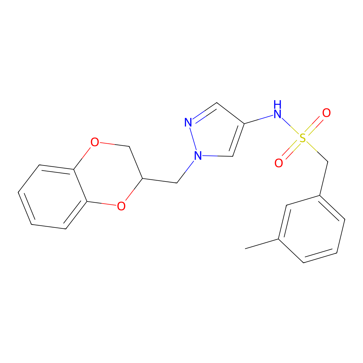 N-(1-((2,3-dihydrobenzo[b][1,4]dioxin-2-yl)methyl)-1H-pyrazol-4-yl)-1-(m-tolyl)methanesulfonamide molecular structure, CAS 1795455-06-9