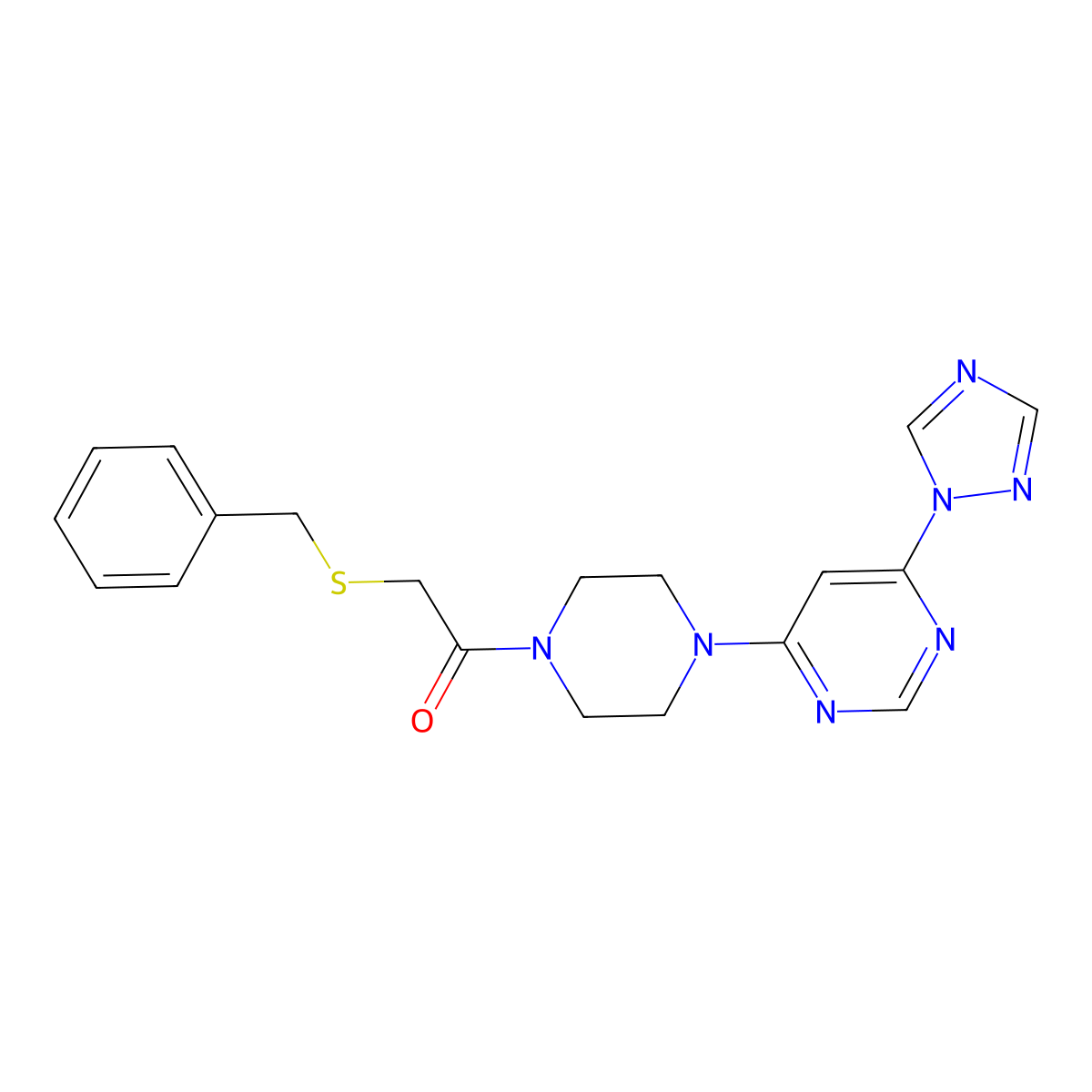 1-(4-(6-(1H-1,2,4-triazol-1-yl)pyrimidin-4-yl)piperazin-1-yl)-2-(benzylthio)ethanone molecular structure, CAS 1795457-27-0