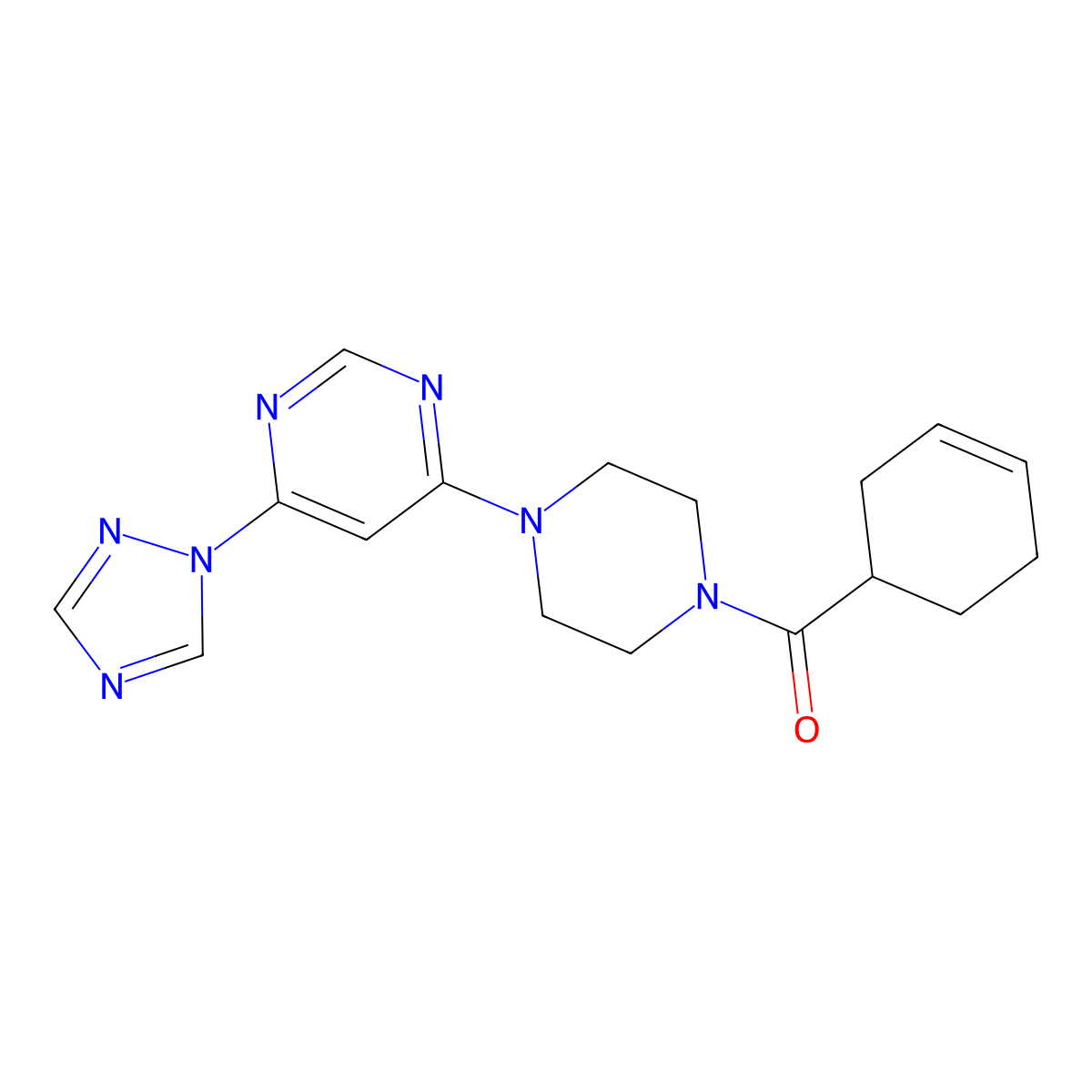 (4-(6-(1H-1,2,4-triazol-1-yl)pyrimidin-4-yl)piperazin-1-yl)(cyclohex-3-en-1-yl)methanone molecular structure, CAS 1795457-51-0