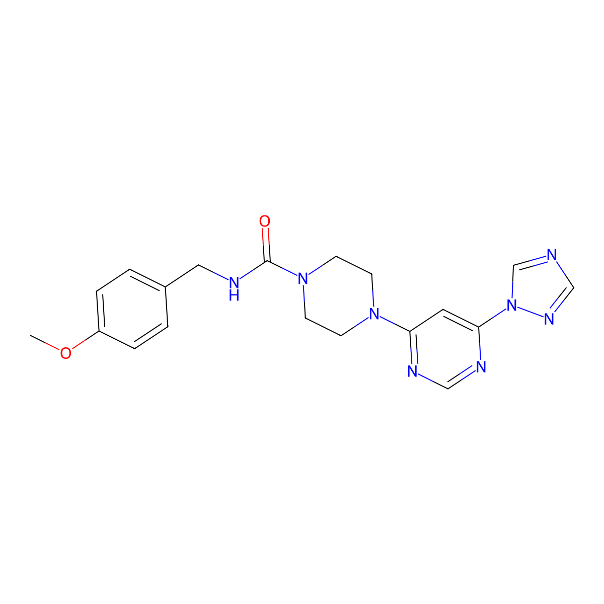 4-(6-(1H-1,2,4-triazol-1-yl)pyrimidin-4-yl)-N-(4-methoxybenzyl)piperazine-1-carboxamide molecular structure, CAS 1795457-94-1