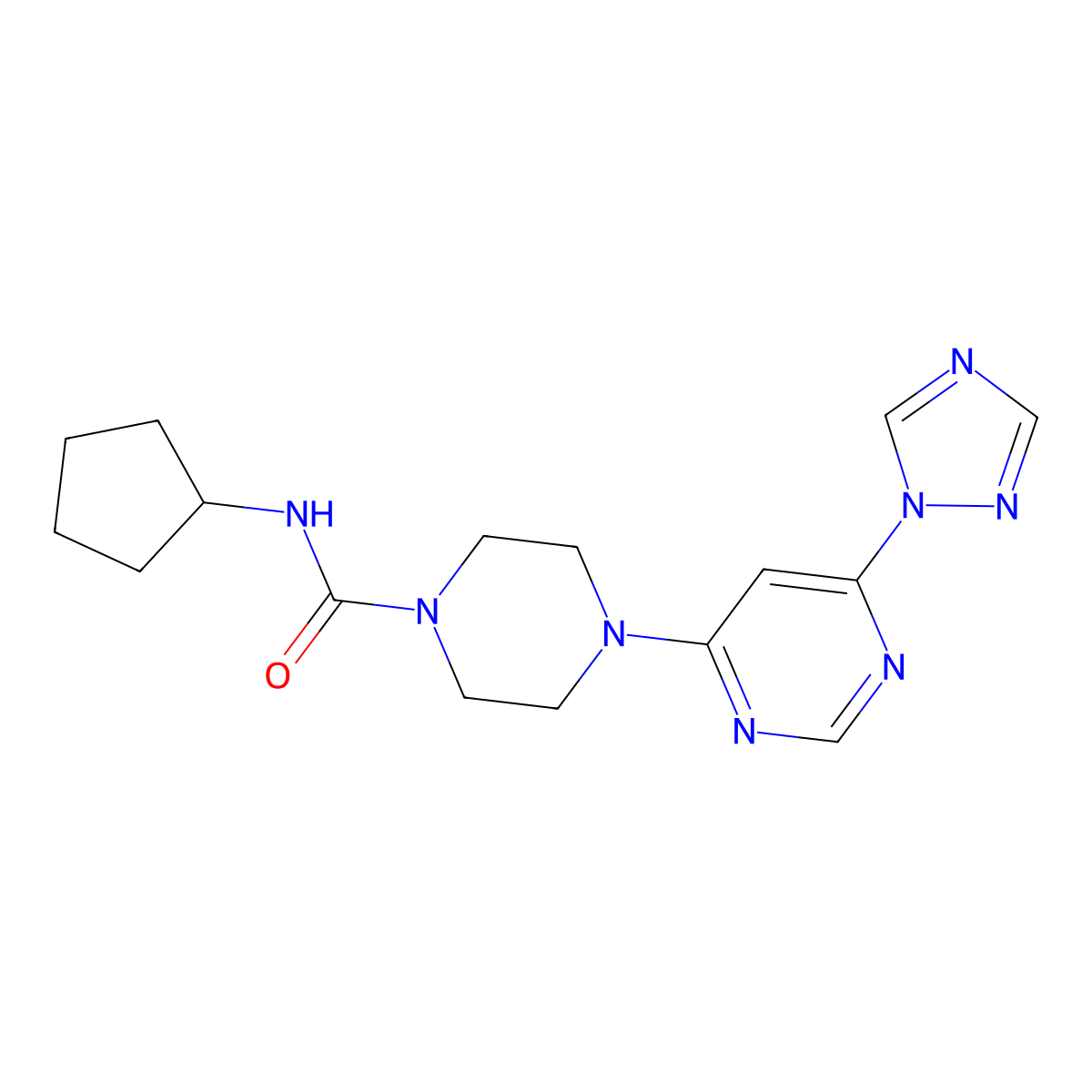 4-(6-(1H-1,2,4-triazol-1-yl)pyrimidin-4-yl)-N-cyclopentylpiperazine-1-carboxamide molecular structure, CAS 1795458-00-2