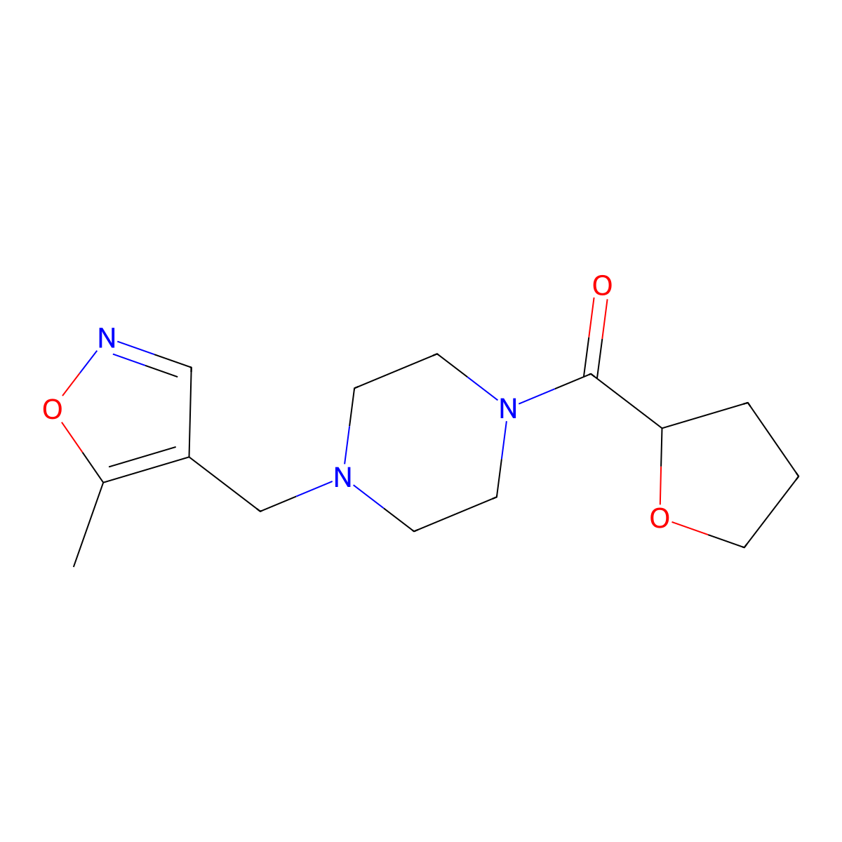 (4-((5-Methylisoxazol-4-yl)methyl)piperazin-1-yl)(tetrahydrofuran-2-yl)methanone molecular structure, CAS 1795469-13-4