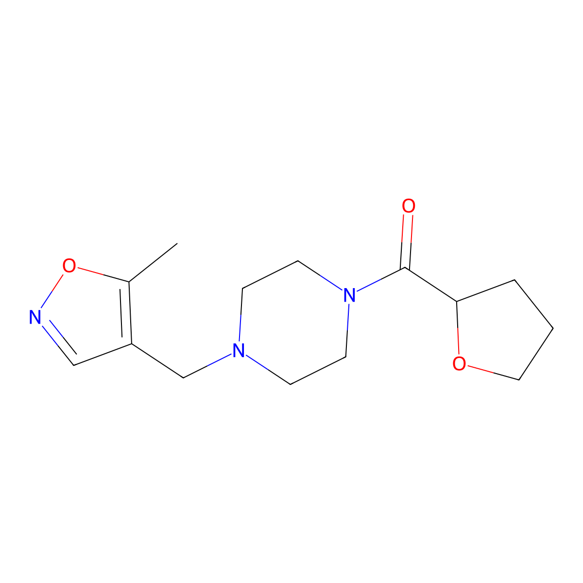 (4-((5-Methylisoxazol-4-yl)methyl)piperazin-1-yl)(tetrahydrofuran-2-yl)methanone molecular structure, CAS 1795469-13-4