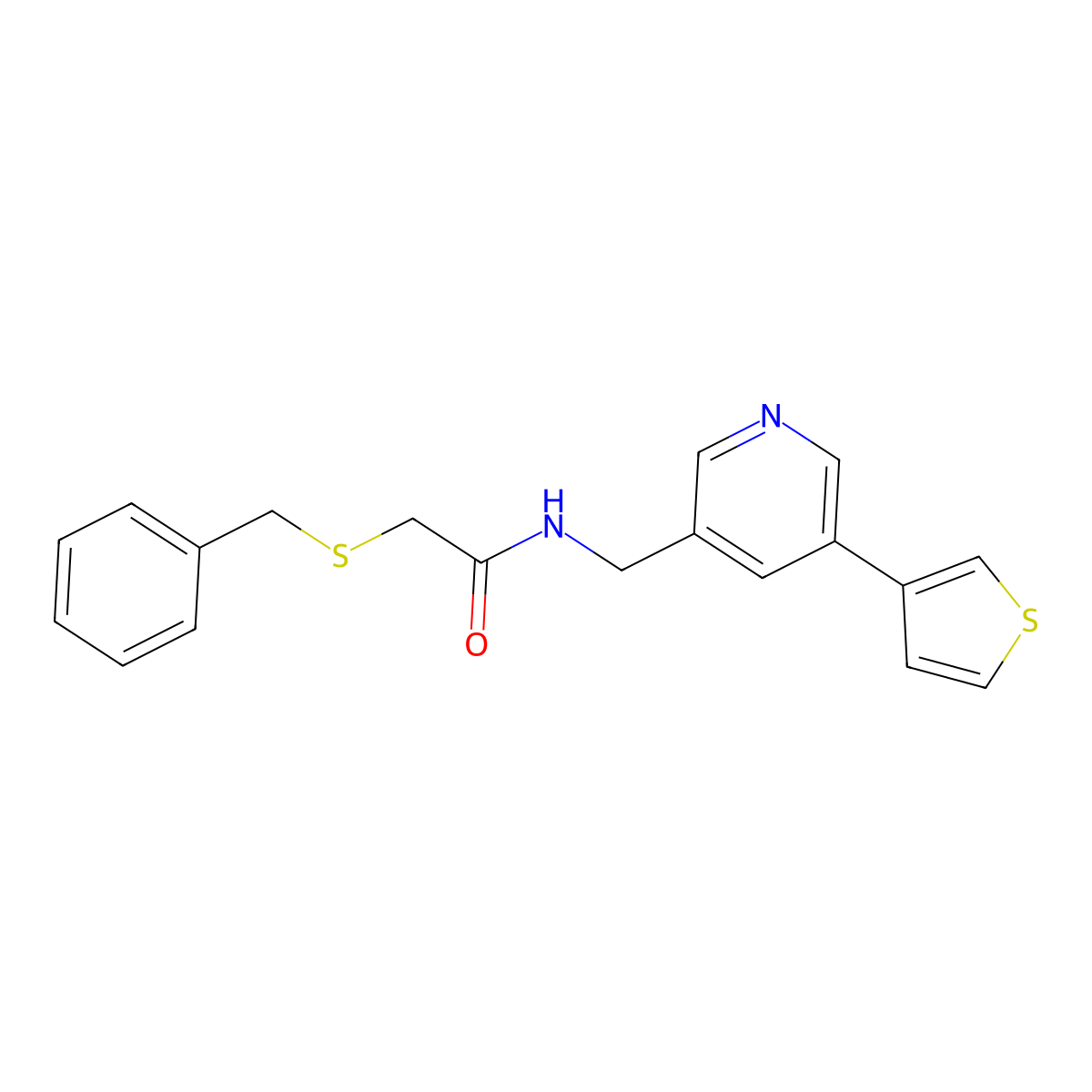 2-(benzylthio)-N-((5-(thiophen-3-yl)pyridin-3-yl)methyl)acetamide molecular structure, CAS 1795471-20-3