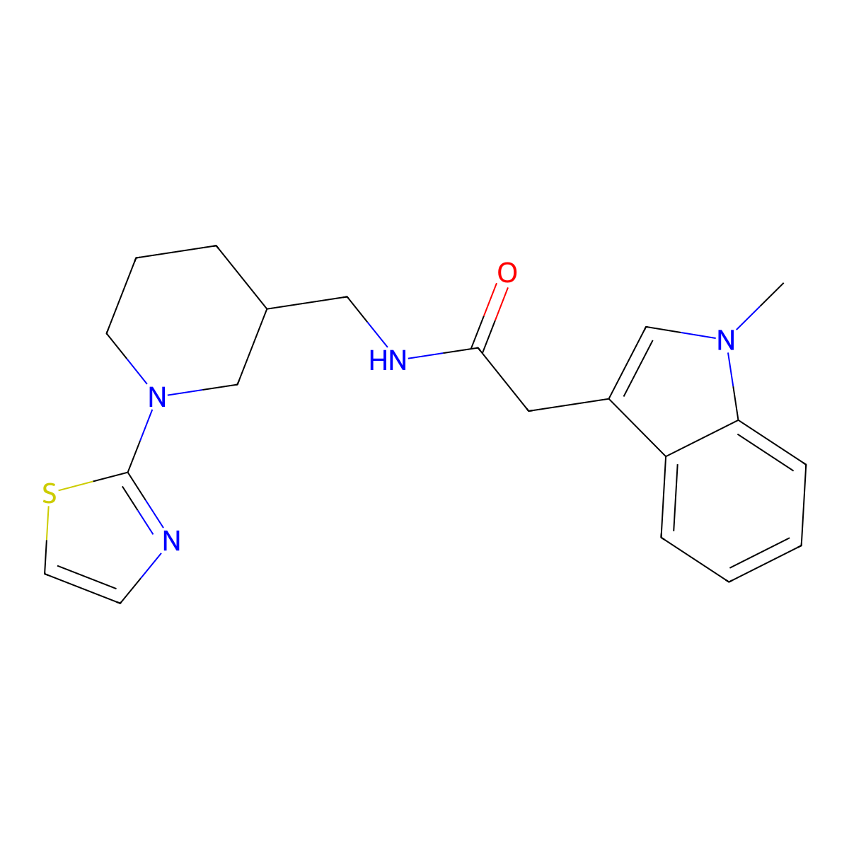 2-(1-methyl-1H-indol-3-yl)-N-((1-(thiazol-2-yl)piperidin-3-yl)methyl)acetamide molecular structure, CAS 1795471-62-3