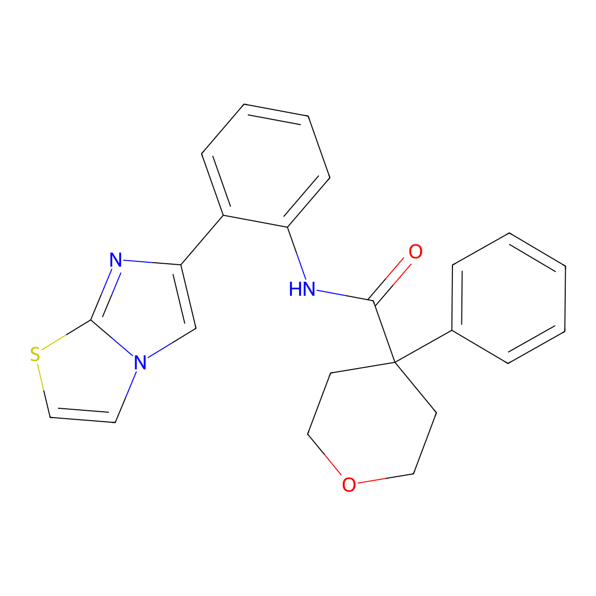 N-(2-(imidazo[2,1-b]thiazol-6-yl)phenyl)-4-phenyltetrahydro-2H-pyran-4-carboxamide molecular structure, CAS 1795471-77-0