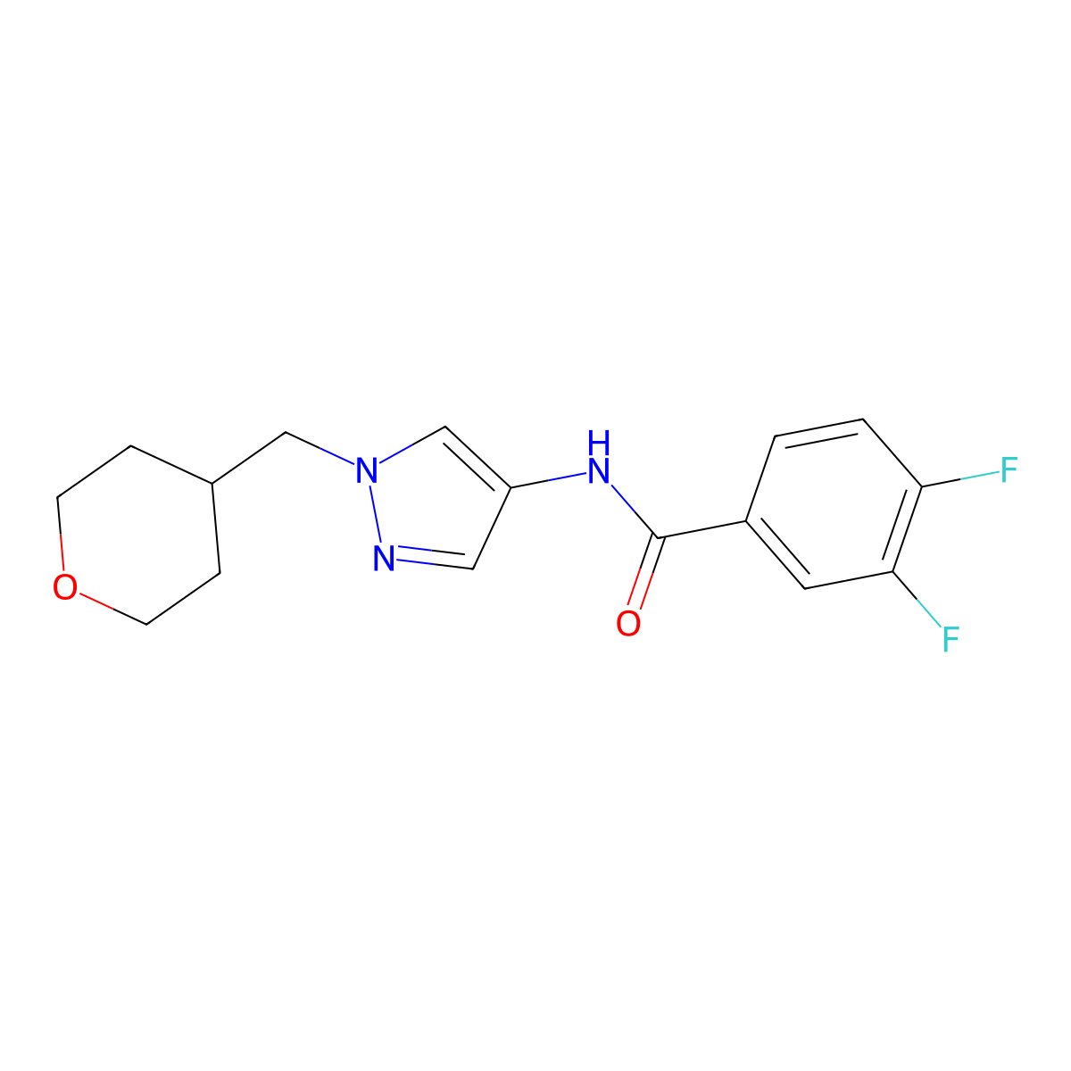 3,4-difluoro-N-(1-((tetrahydro-2H-pyran-4-yl)methyl)-1H-pyrazol-4-yl)benzamide molecular structure, CAS 1795471-81-6