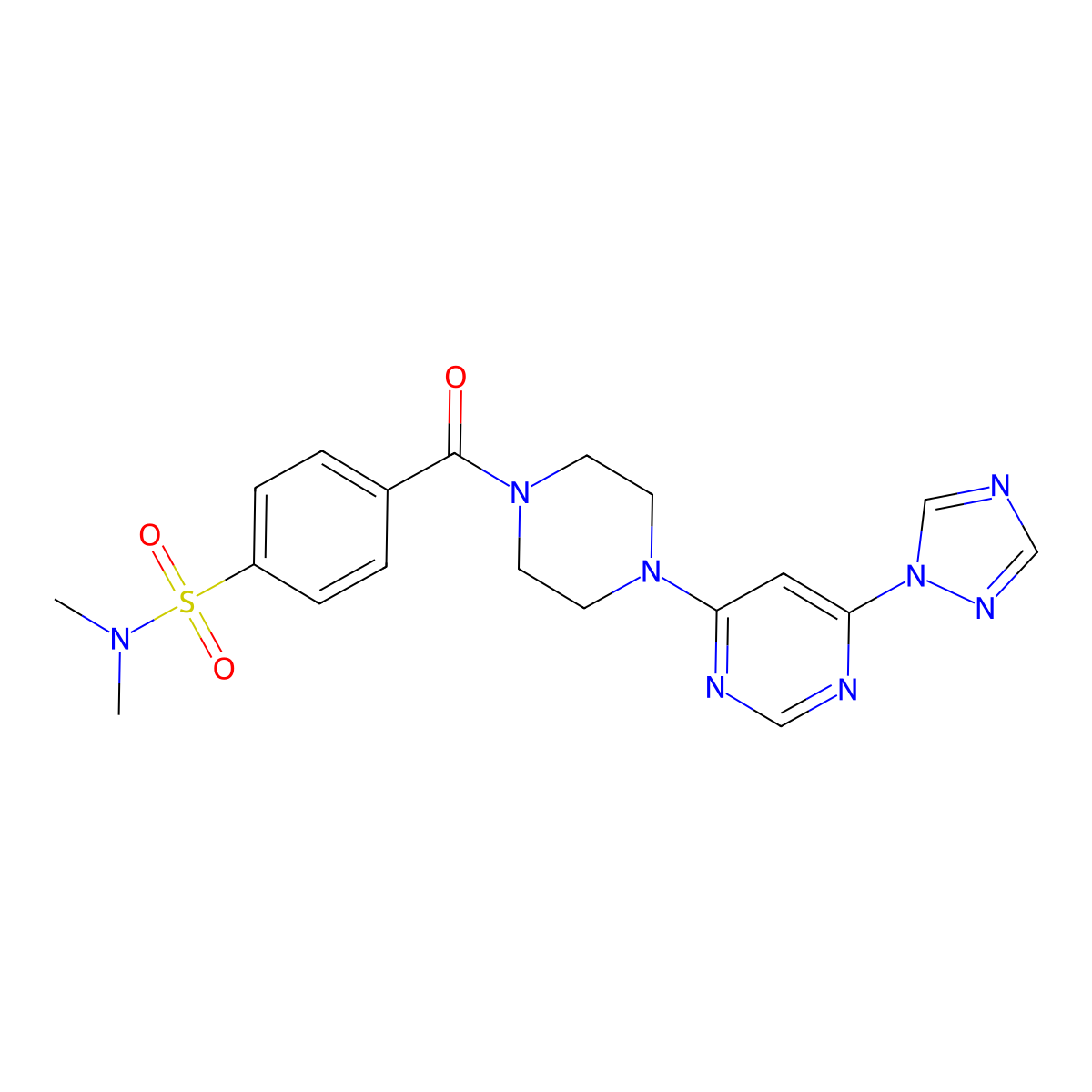 4-(4-(6-(1H-1,2,4-triazol-1-yl)pyrimidin-4-yl)piperazine-1-carbonyl)-N,N-dimethylbenzenesulfonamide molecular structure, CAS 1795476-39-9