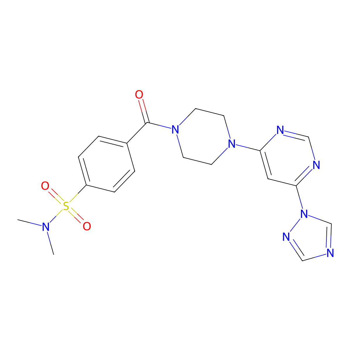 4-(4-(6-(1H-1,2,4-triazol-1-yl)pyrimidin-4-yl)piperazine-1-carbonyl)-N,N-dimethylbenzenesulfonamide molecular structure, CAS 1795476-39-9