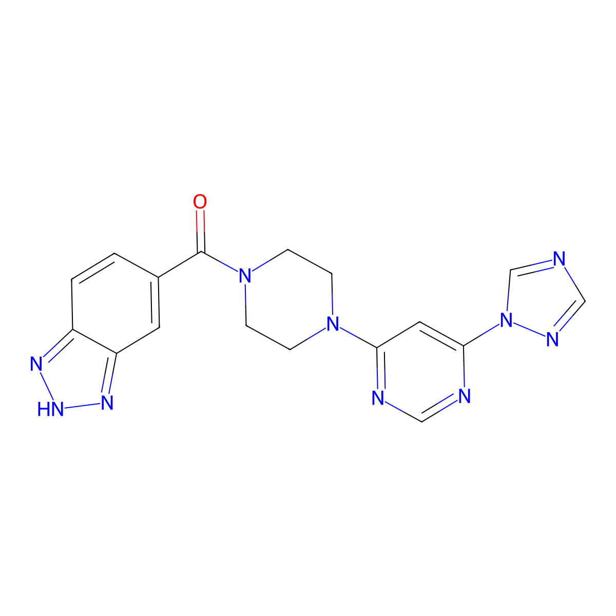 (4-(6-(1H-1,2,4-triazol-1-yl)pyrimidin-4-yl)piperazin-1-yl)(1H-benzo[d][1,2,3]triazol-5-yl)methanone molecular structure, CAS 1795476-50-4