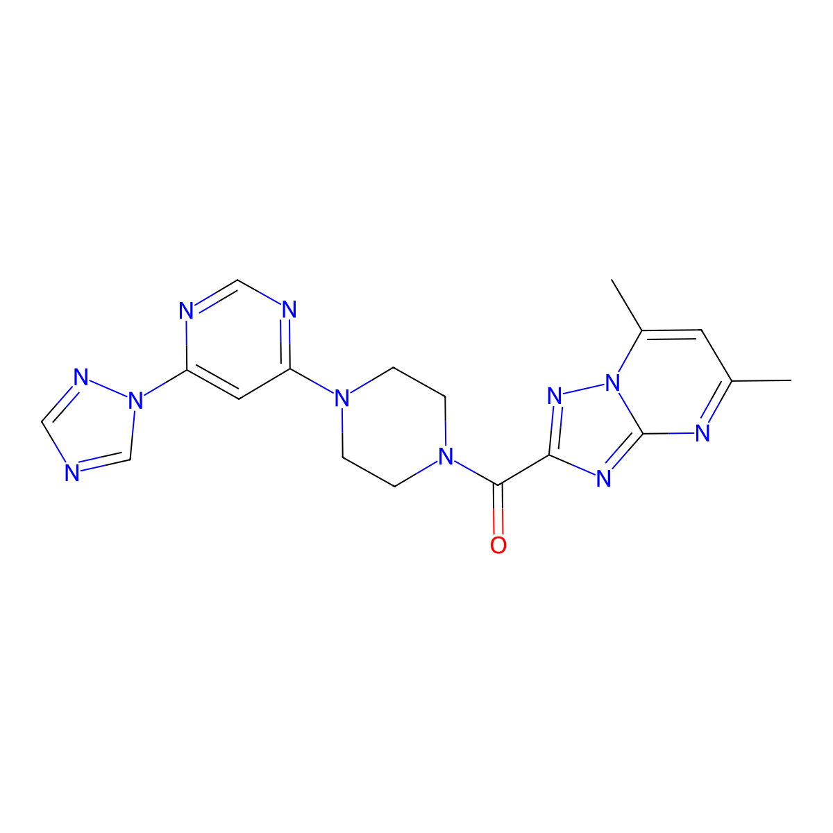 (4-(6-(1H-1,2,4-triazol-1-yl)pyrimidin-4-yl)piperazin-1-yl)(5,7-dimethyl-[1,2,4]triazolo[1,5-a]pyrimidin-2-yl)methanone molecular structure, CAS 1795476-52-6