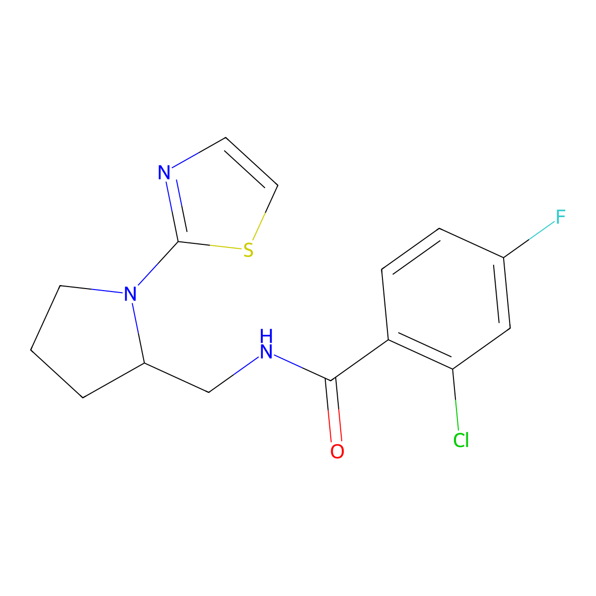 2-chloro-4-fluoro-N-((1-(thiazol-2-yl)pyrrolidin-2-yl)methyl)benzamide molecular structure, CAS 1795477-45-0
