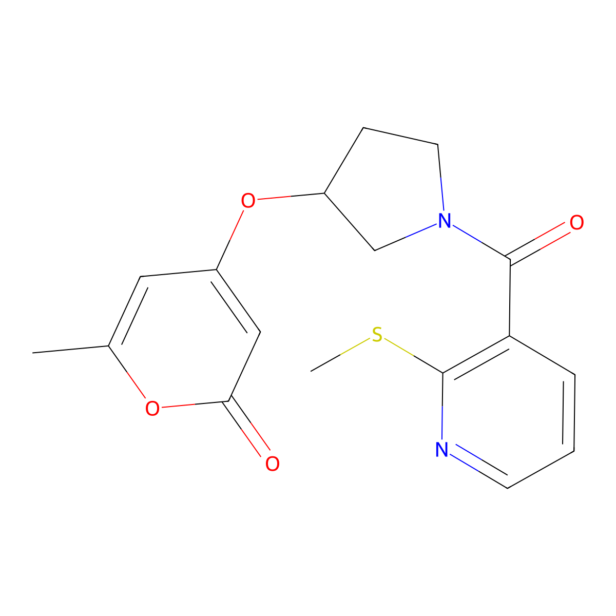 6-methyl-4-((1-(2-(methylthio)nicotinoyl)pyrrolidin-3-yl)oxy)-2H-pyran-2-one molecular structure, CAS 1795477-60-9