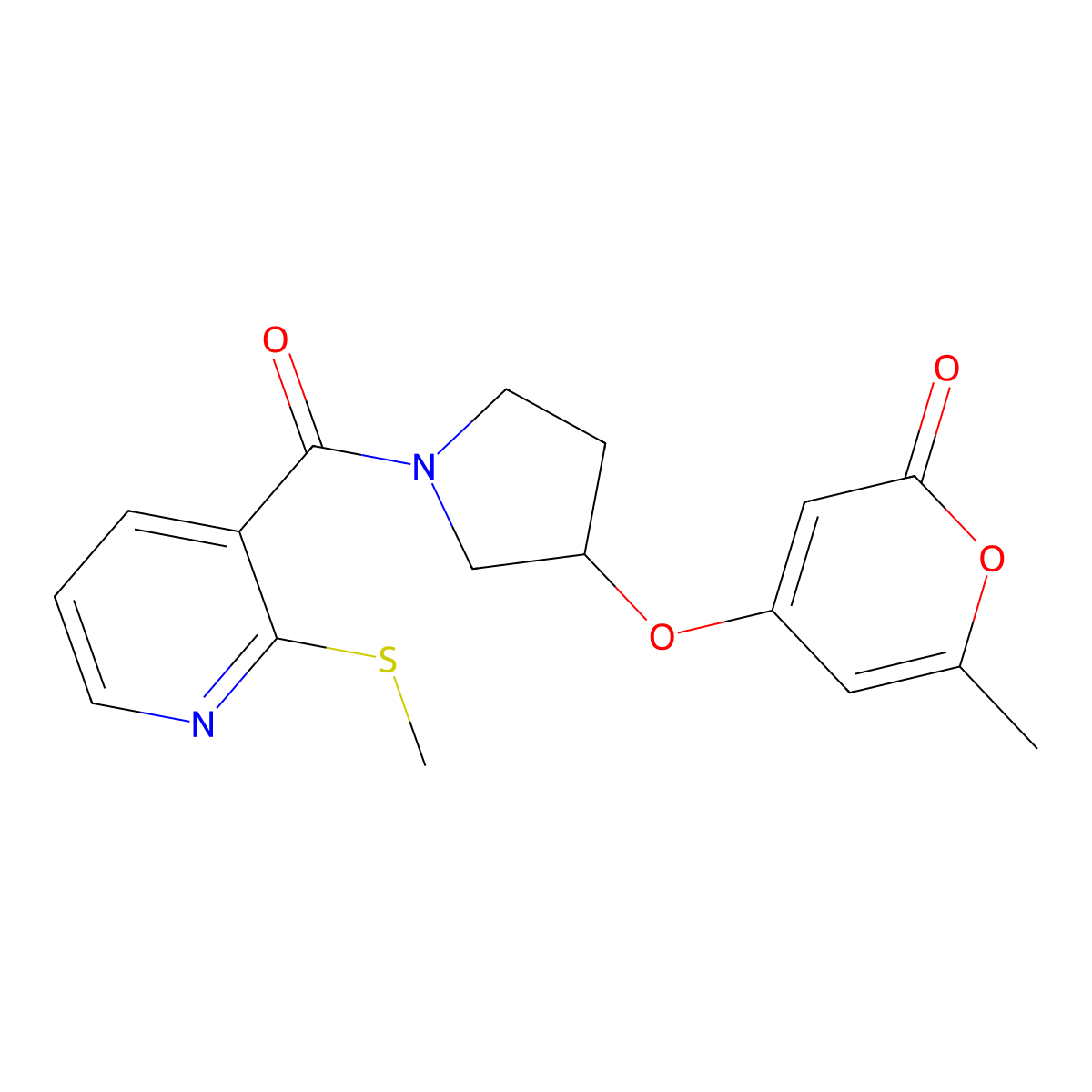 6-methyl-4-((1-(2-(methylthio)nicotinoyl)pyrrolidin-3-yl)oxy)-2H-pyran-2-one molecular structure, CAS 1795477-60-9
