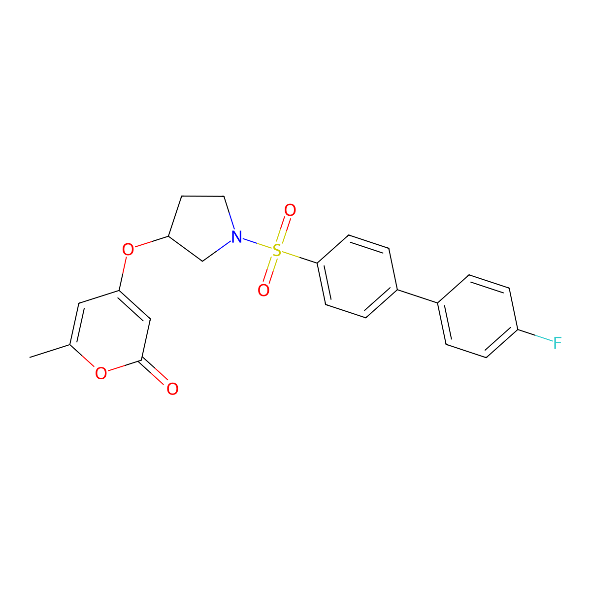 4-((1-((4'-fluoro-[1,1'-biphenyl]-4-yl)sulfonyl)pyrrolidin-3-yl)oxy)-6-methyl-2H-pyran-2-one molecular structure, CAS 1795477-76-7