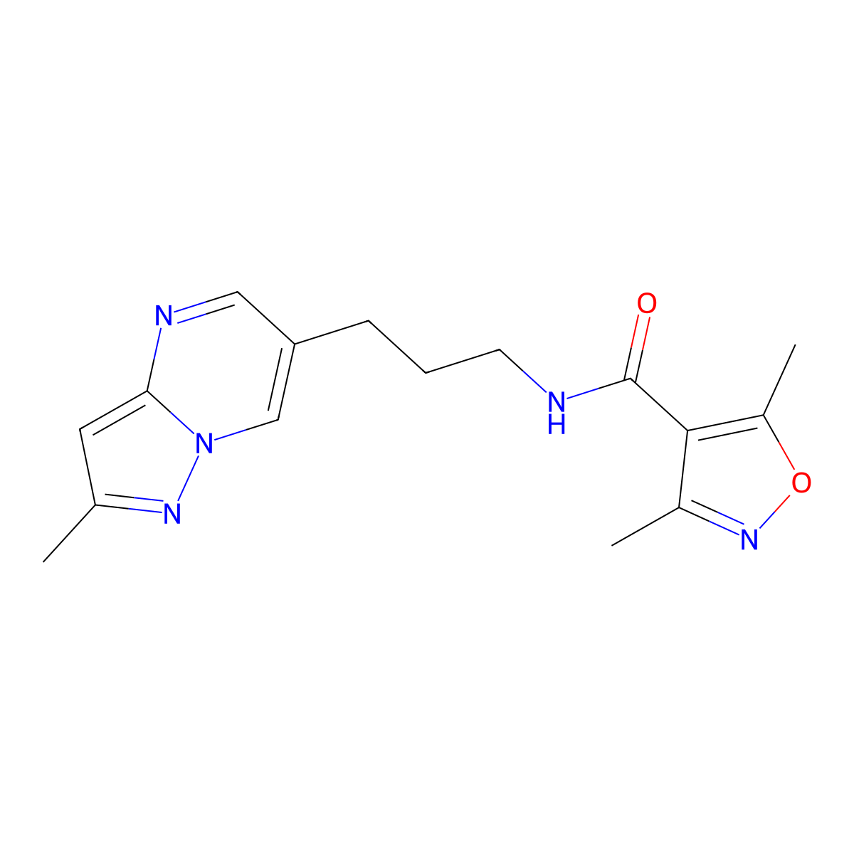 3,5-dimethyl-N-(3-(2-methylpyrazolo[1,5-a]pyrimidin-6-yl)propyl)isoxazole-4-carboxamide molecular structure, CAS 1795477-85-8