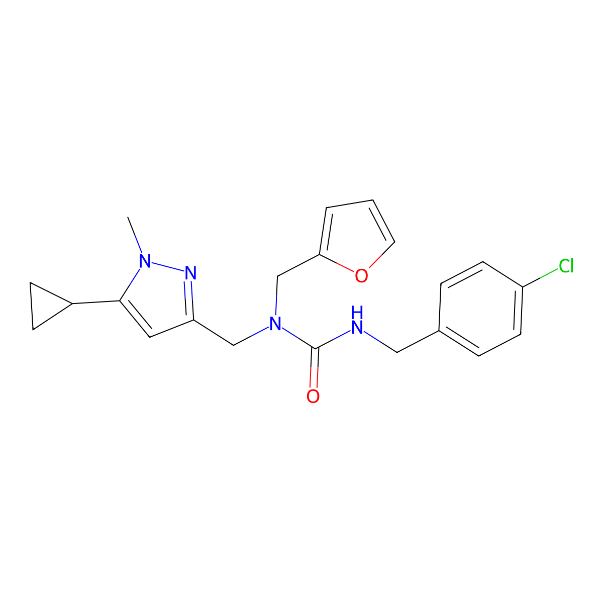 3-(4-chlorobenzyl)-1-((5-cyclopropyl-1-methyl-1H-pyrazol-3-yl)methyl)-1-(furan-2-ylmethyl)urea molecular structure, CAS 1795478-12-4