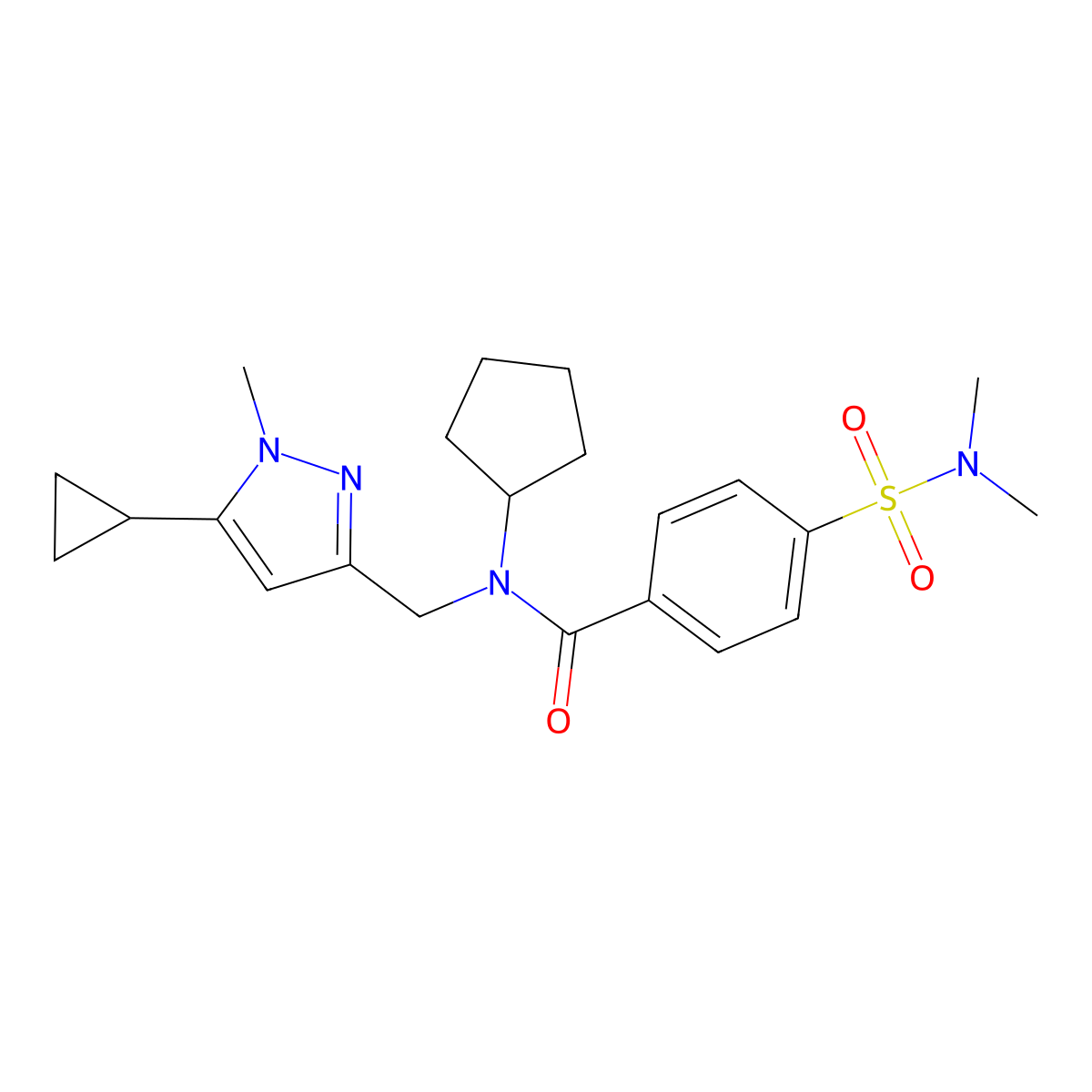 N-cyclopentyl-N-((5-cyclopropyl-1-methyl-1H-pyrazol-3-yl)methyl)-4-(N,N-dimethylsulfamoyl)benzamide molecular structure, CAS 1795478-19-1