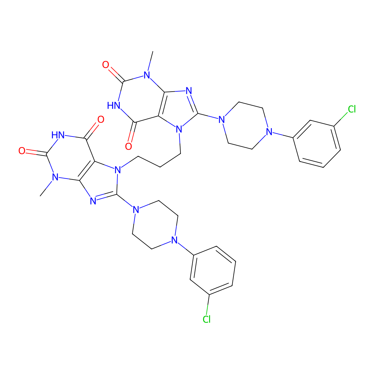 8-[4-(3-chlorophenyl)piperazin-1-yl]-7-(3-{8-[4-(3-chlorophenyl)piperazin-1-yl]-3-methyl-2,6-dioxo-2,3,6,7-tetrahydro-1H-purin-7-yl}propyl)-3-methyl-2,3,6,7-tetrahydro-1H-purine-2,6-dione molecular structure, CAS 1795479-03-6