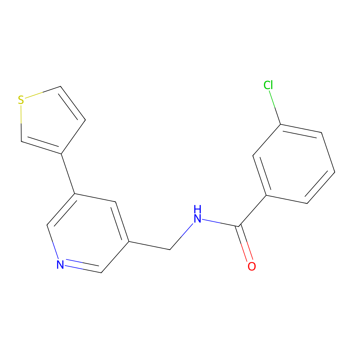 3-chloro-N-((5-(thiophen-3-yl)pyridin-3-yl)methyl)benzamide molecular structure, CAS 1795480-57-7