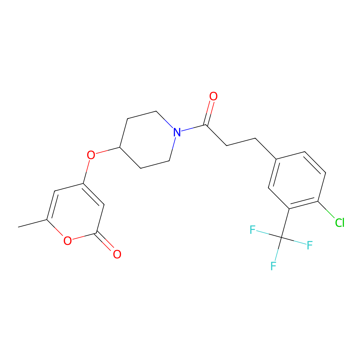 4-((1-(3-(4-chloro-3-(trifluoromethyl)phenyl)propanoyl)piperidin-4-yl)oxy)-6-methyl-2H-pyran-2-one molecular structure, CAS 1795480-85-1