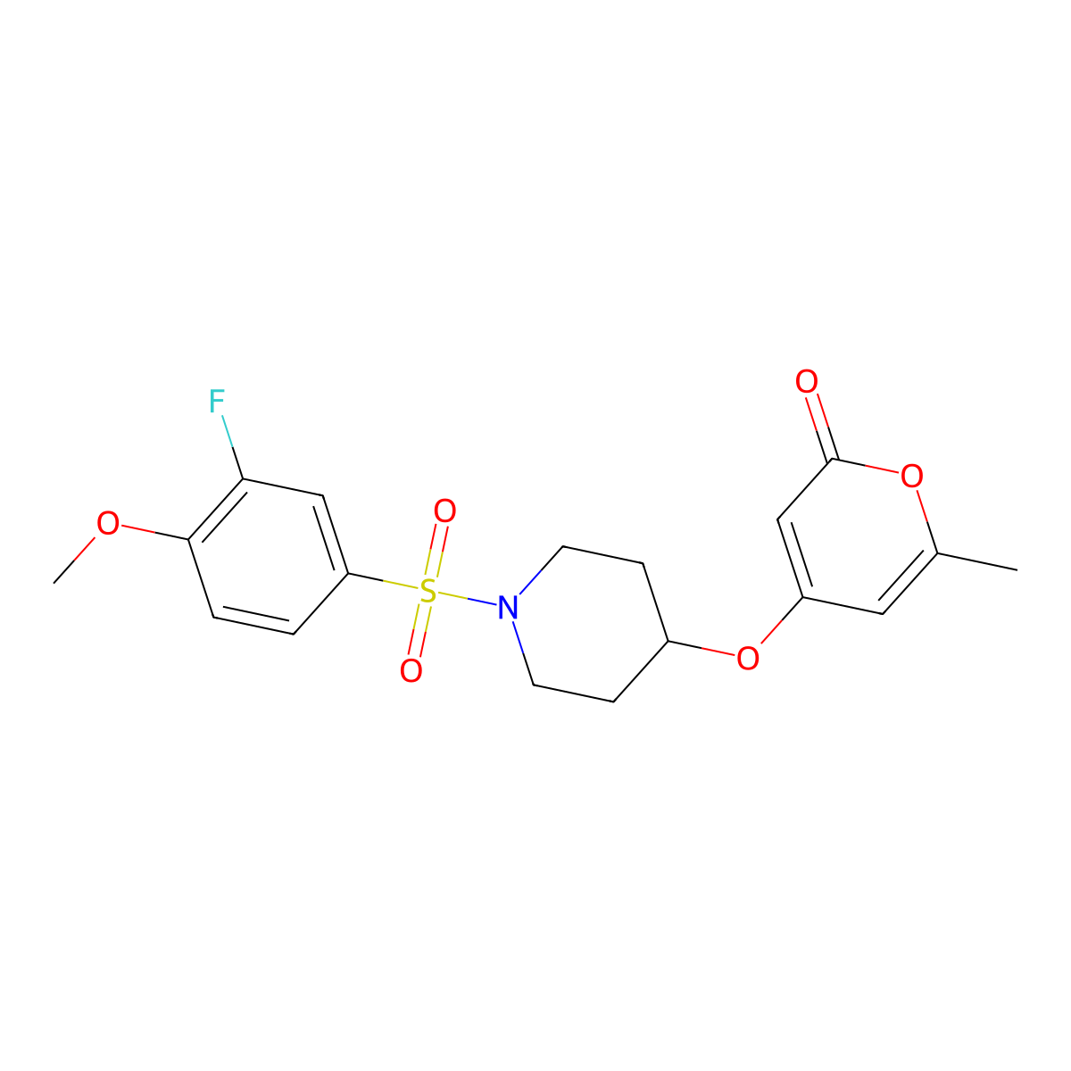 4-((1-((3-fluoro-4-methoxyphenyl)sulfonyl)piperidin-4-yl)oxy)-6-methyl-2H-pyran-2-one molecular structure, CAS 1795481-28-5