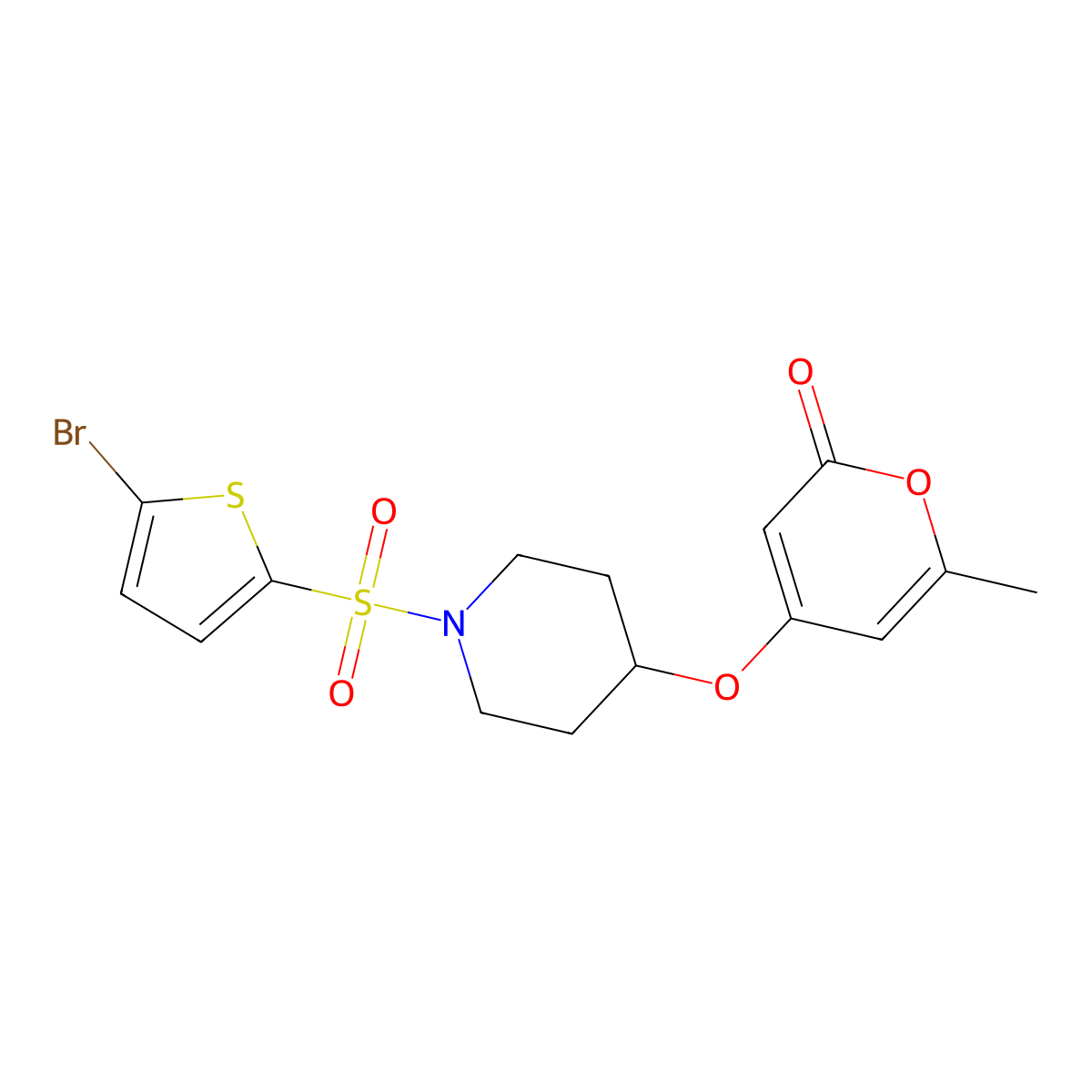 4-((1-((5-bromothiophen-2-yl)sulfonyl)piperidin-4-yl)oxy)-6-methyl-2H-pyran-2-one molecular structure, CAS 1795481-34-3
